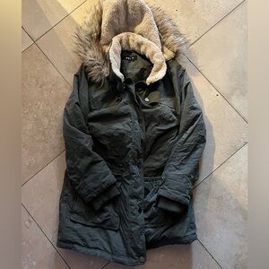 DKNY Olive Green Fur-Trimmed Utility Jacket